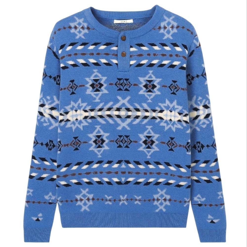 LE 31 X‎ SIMONS Henley Sweater Men's Sz Small Blue Aztec Knit Grunge Soft Cotton